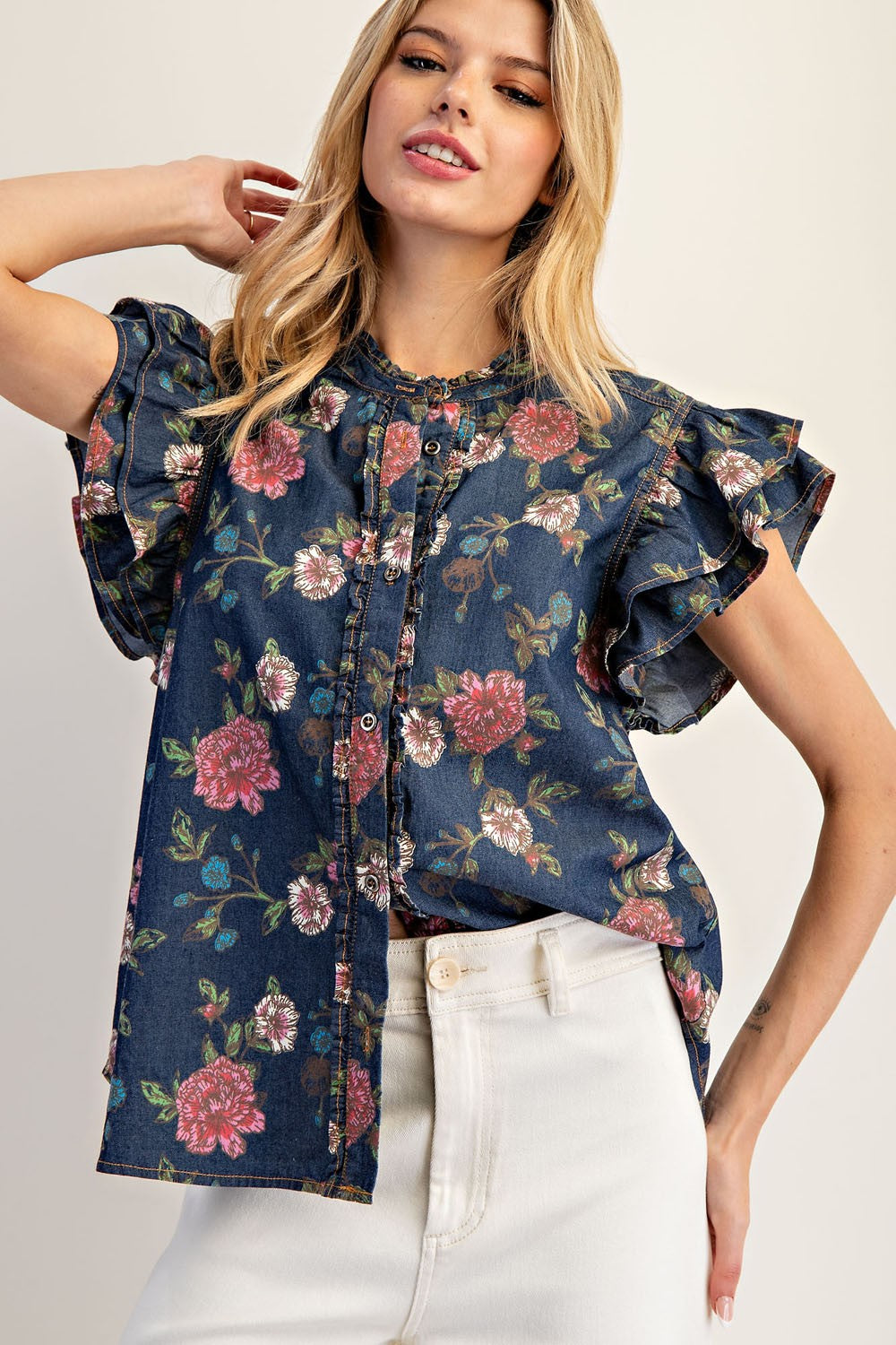 eesome Mineral Wash Floral Ruffled Flutter Sleeve Blouse