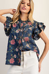 eesome Mineral Wash Floral Ruffled Flutter Sleeve Blouse