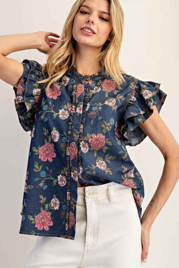 eesome Mineral Wash Floral Ruffled Flutter Sleeve Blouse