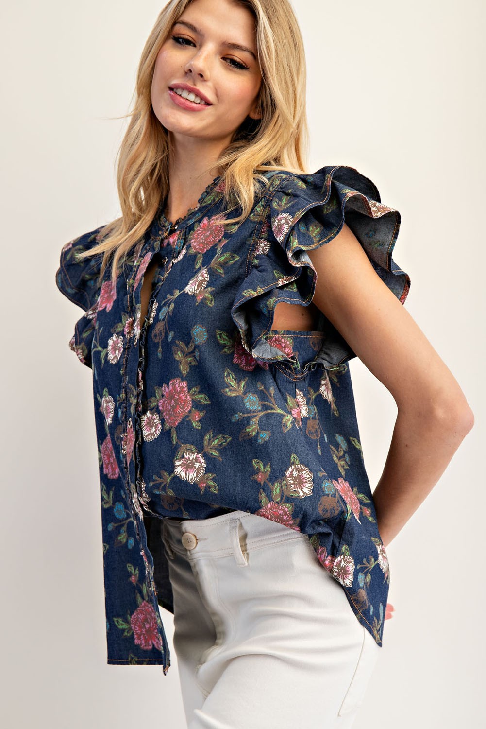 eesome Mineral Wash Floral Ruffled Flutter Sleeve Blouse
