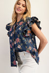 eesome Mineral Wash Floral Ruffled Flutter Sleeve Blouse