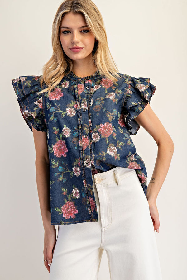 eesome Mineral Wash Floral Ruffled Flutter Sleeve Blouse