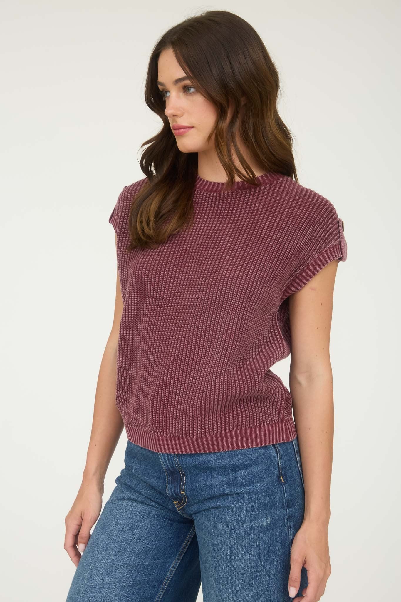 Blu Pepper Washed Knit Short Tab Sleeve Pullover Sweater - Blush & Cactus