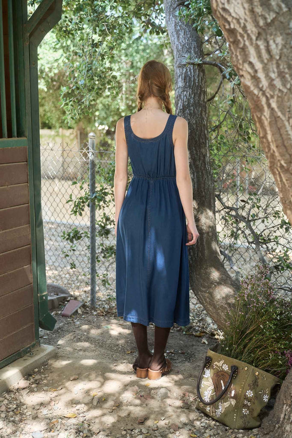Blu Pepper Front Zip Sleeveless Denim Midi Dress