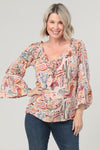 Cactus Western Print Lace Trim Bell Sleeve Top