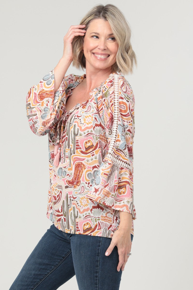 Cactus Western Print Lace Trim Bell Sleeve Top