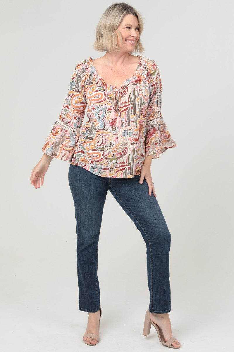 Cactus Western Print Lace Trim Bell Sleeve Top