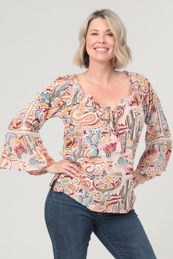 Cactus Western Print Lace Trim Bell Sleeve Top