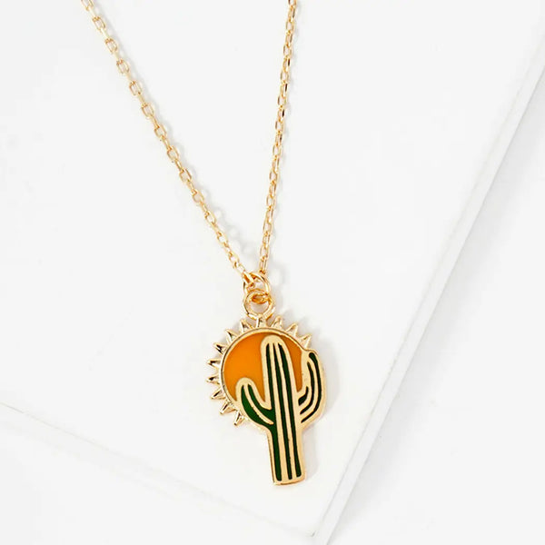 Sun Cactus Figure Pendant Chain Necklace