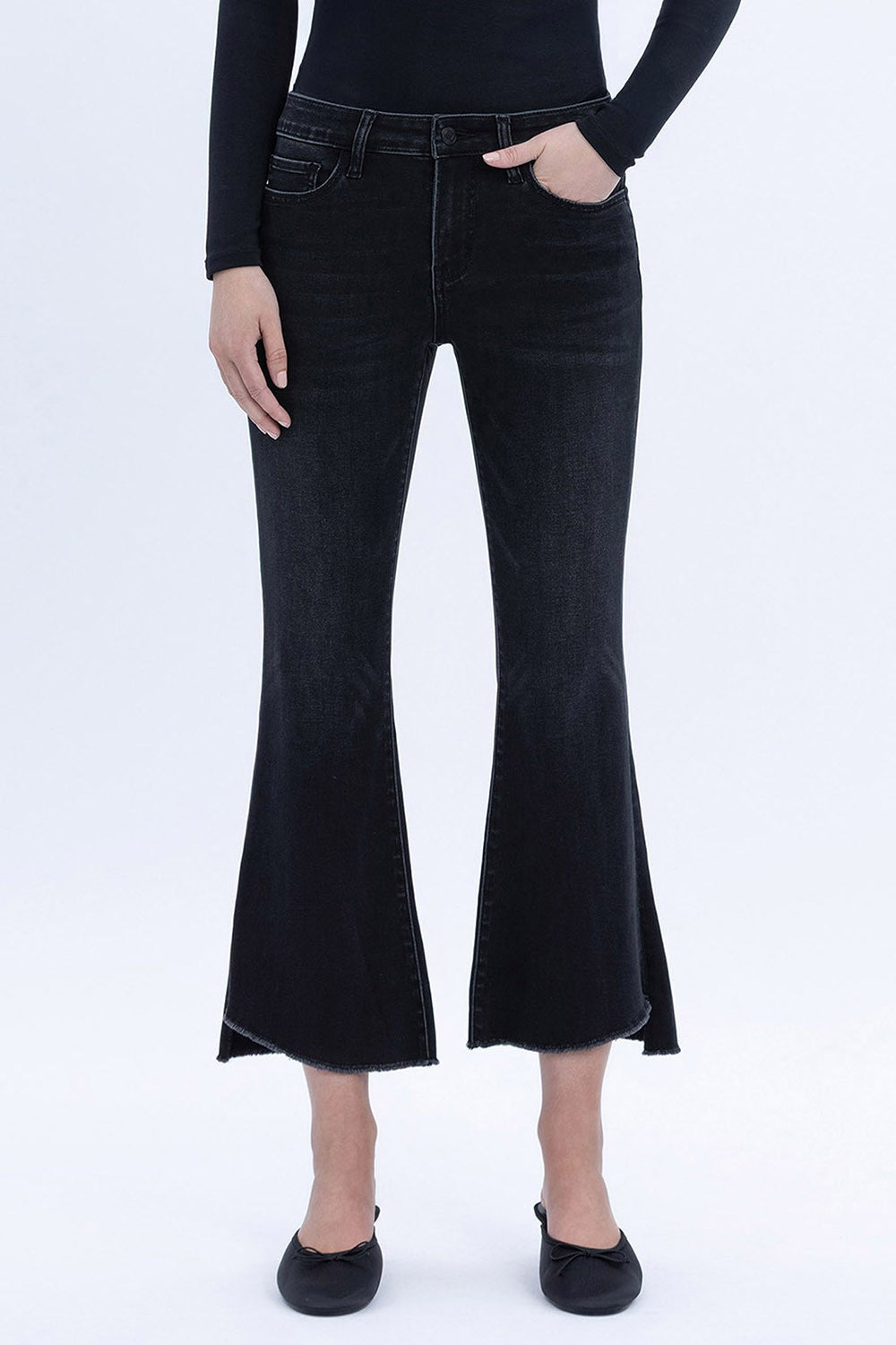 Vervet Mid Rise Raw Step Hem Crop Flare Jeans