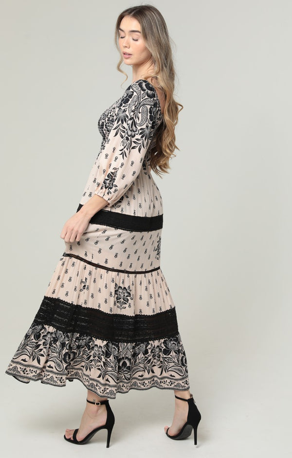 Angie Smocked Bodice Lace Trim Long Sleeve Maxi Dress