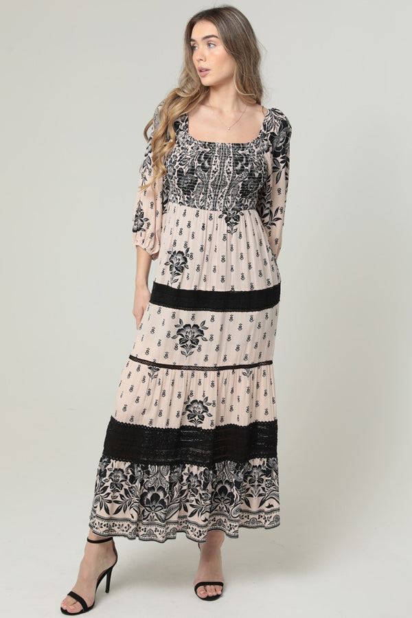 Angie Smocked Bodice Lace Trim Long Sleeve Maxi Dress