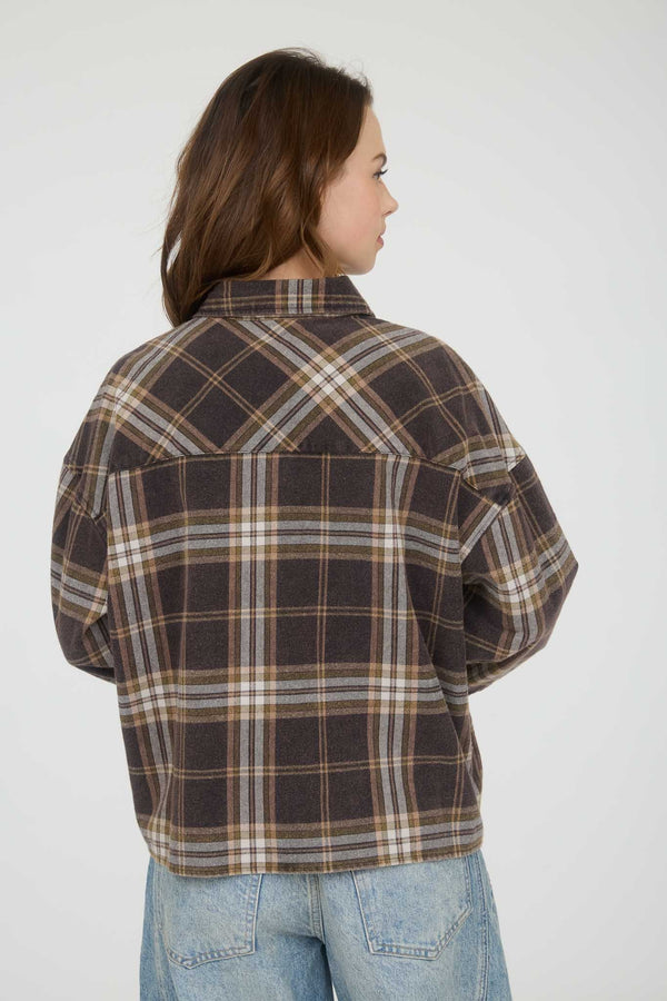 Blu Pepper Plaid Button Down Collared Boxy Long Sleeve Shirt