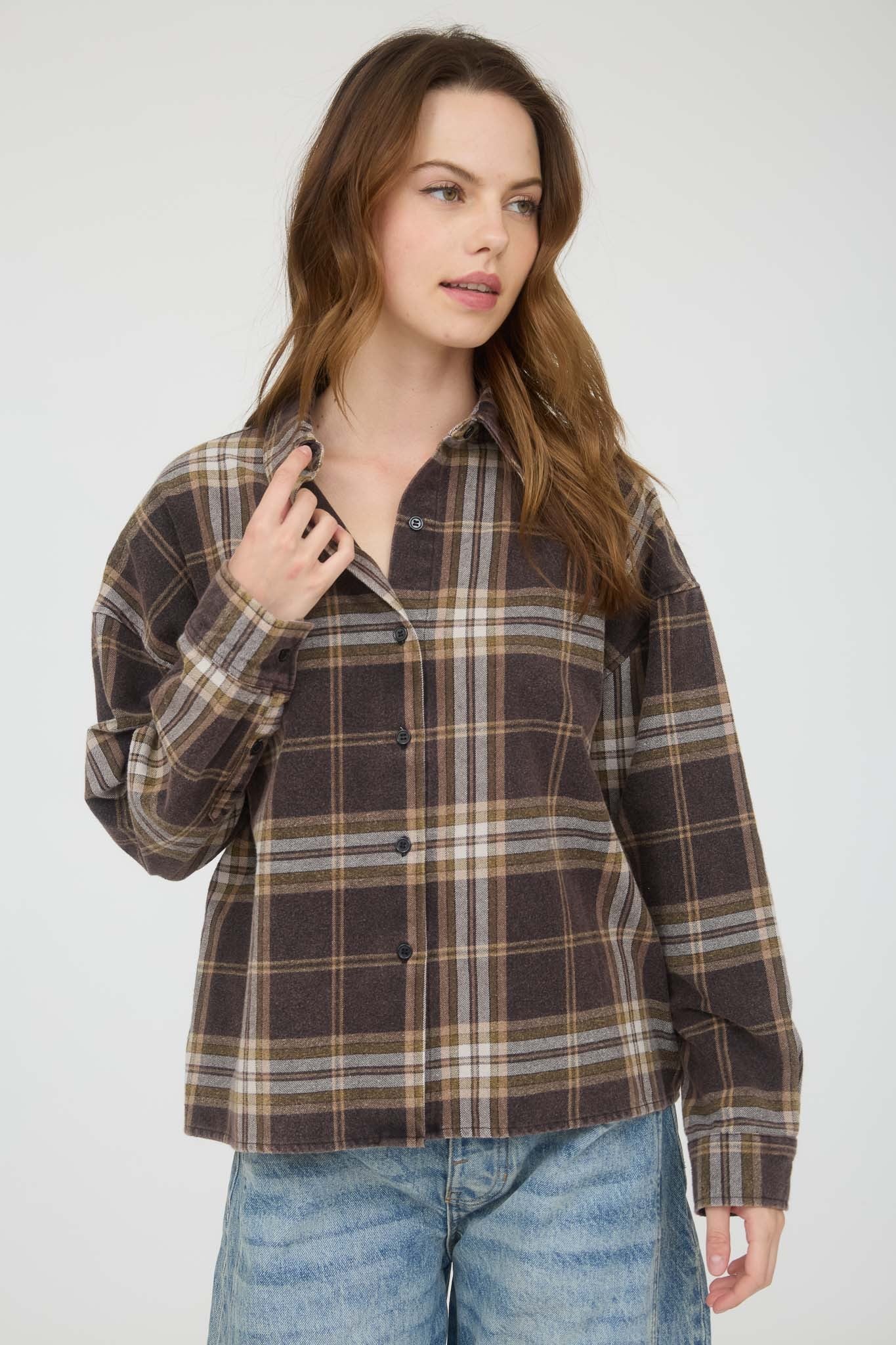 Blu Pepper Plaid Button Down Collared Boxy Long Sleeve Shirt