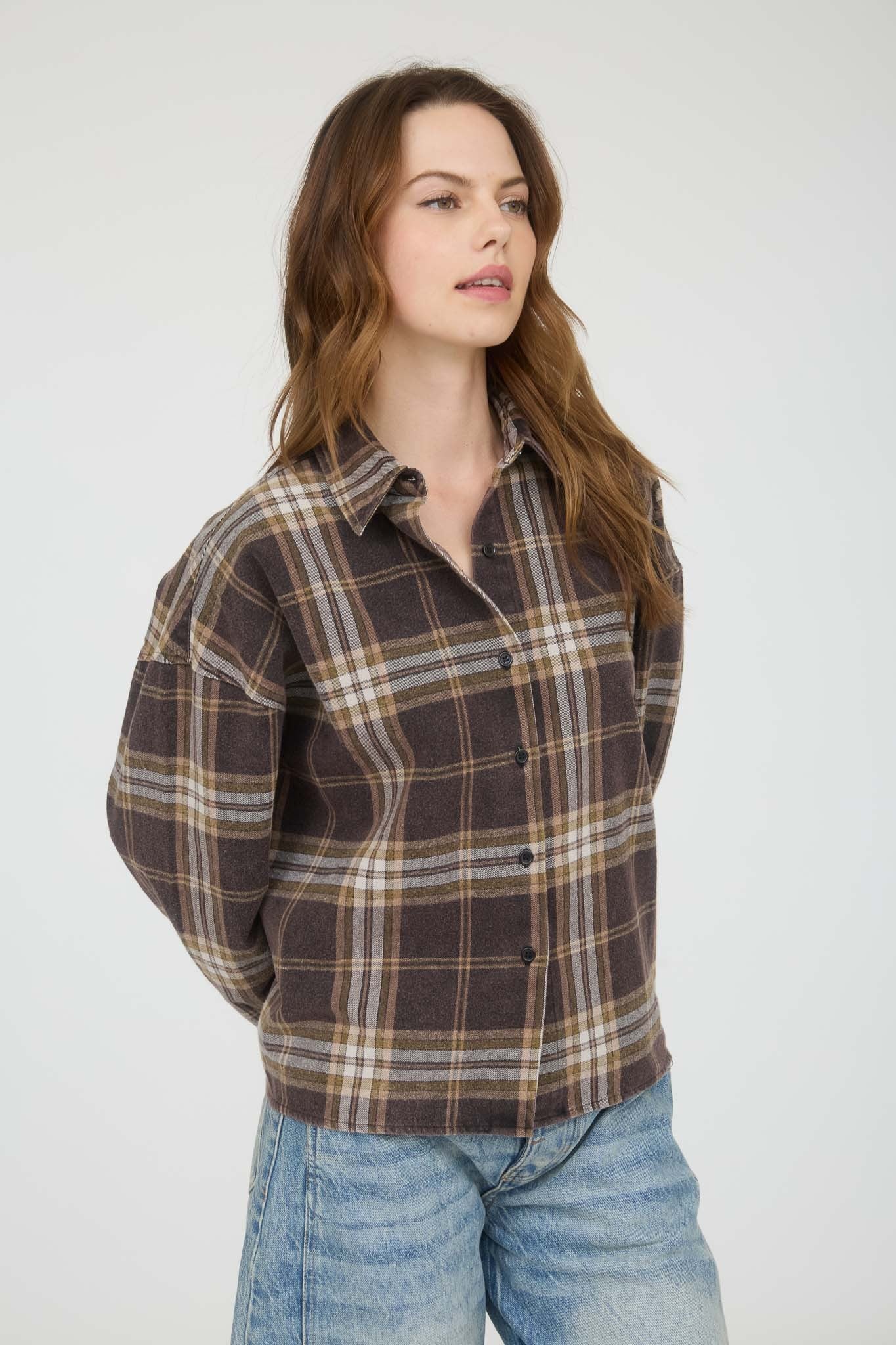 Blu Pepper Plaid Button Down Collared Boxy Long Sleeve Shirt