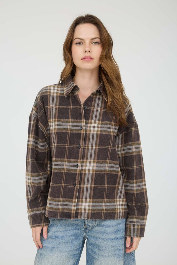 Blu Pepper Plaid Button Down Collared Boxy Long Sleeve Shirt
