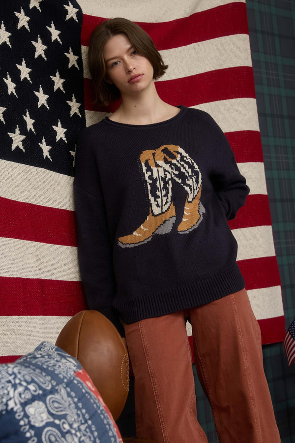 Blu Pepper Western Boot Jacquard Long Sleeve Knit Sweater - Blush & Cactus