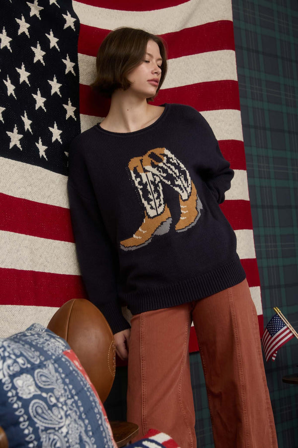 Blu Pepper Western Boot Jacquard Long Sleeve Knit Sweater - Blush & Cactus