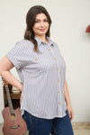 Blu Pepper Stripe Collared Short Sleeve Button Down Top - Curvy Size