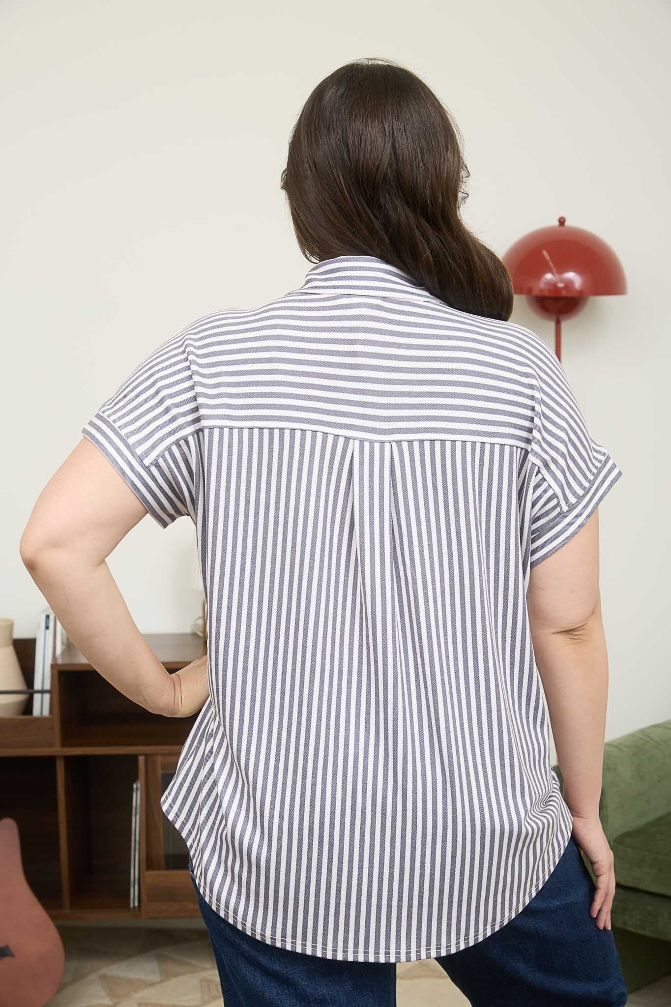 Blu Pepper Stripe Collared Short Sleeve Button Down Top - Curvy Size