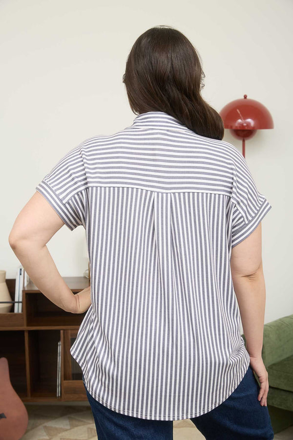 Blu Pepper Stripe Collared Short Sleeve Button Down Top - Curvy Size