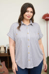 Blu Pepper Stripe Collared Short Sleeve Button Down Top - Curvy Size