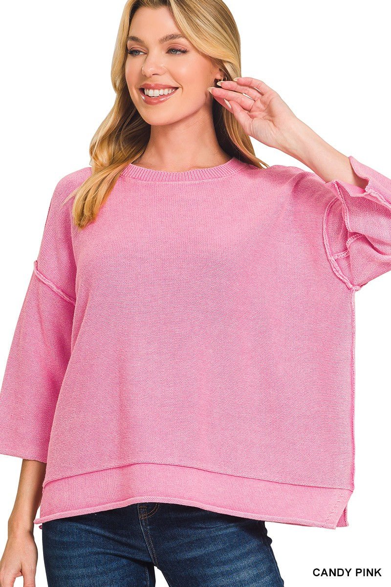 Washed 3/4 Sleeve Sweater - Blush & Cactus