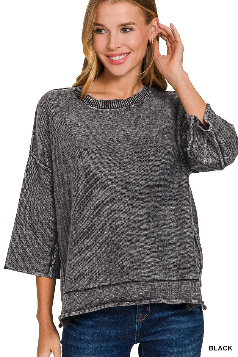 Washed 3/4 sleeve Boxy Sweater
