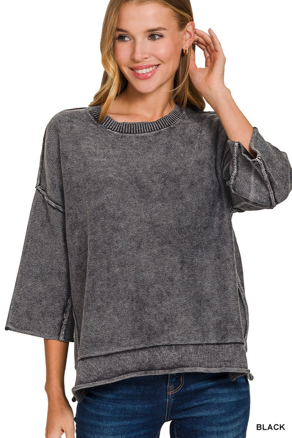 Washed 3/4 sleeve Boxy Sweater