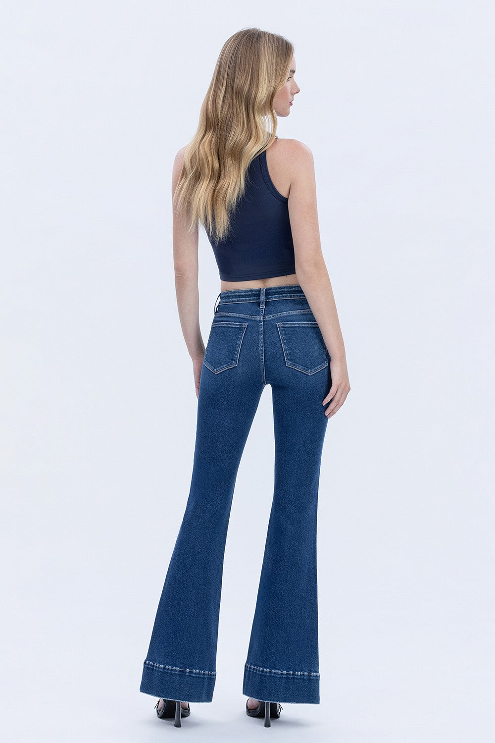 Flying Monkey High Rise Welt Pocketed Trouser Hem Flare Jeans