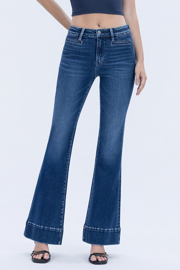 Flying Monkey High Rise Welt Pocketed Trouser Hem Flare Jeans