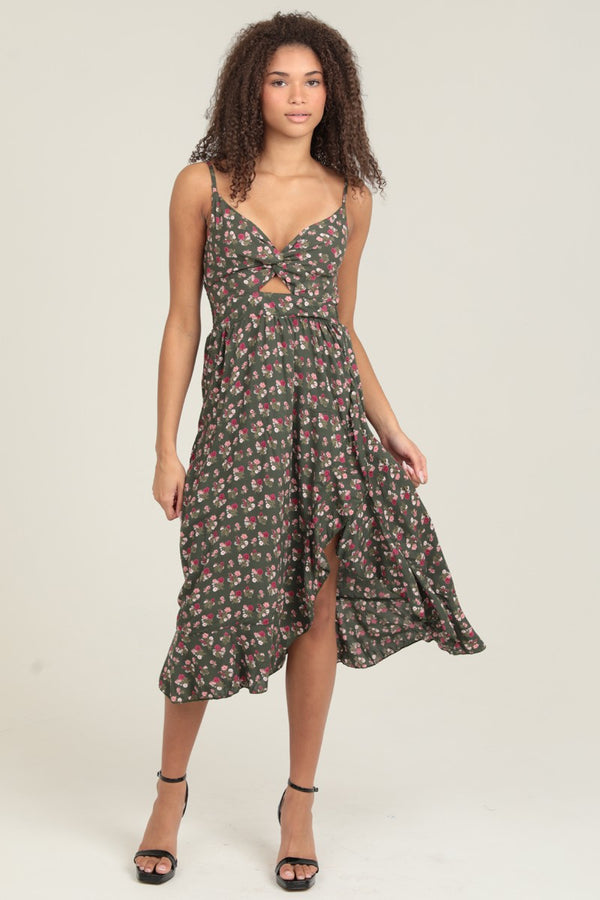 Angie Ditsy Print V-neck Twist Front Cut out slit dress