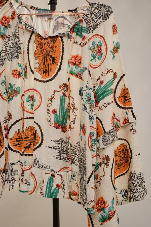 Blue B Western Print Peasant Blouse