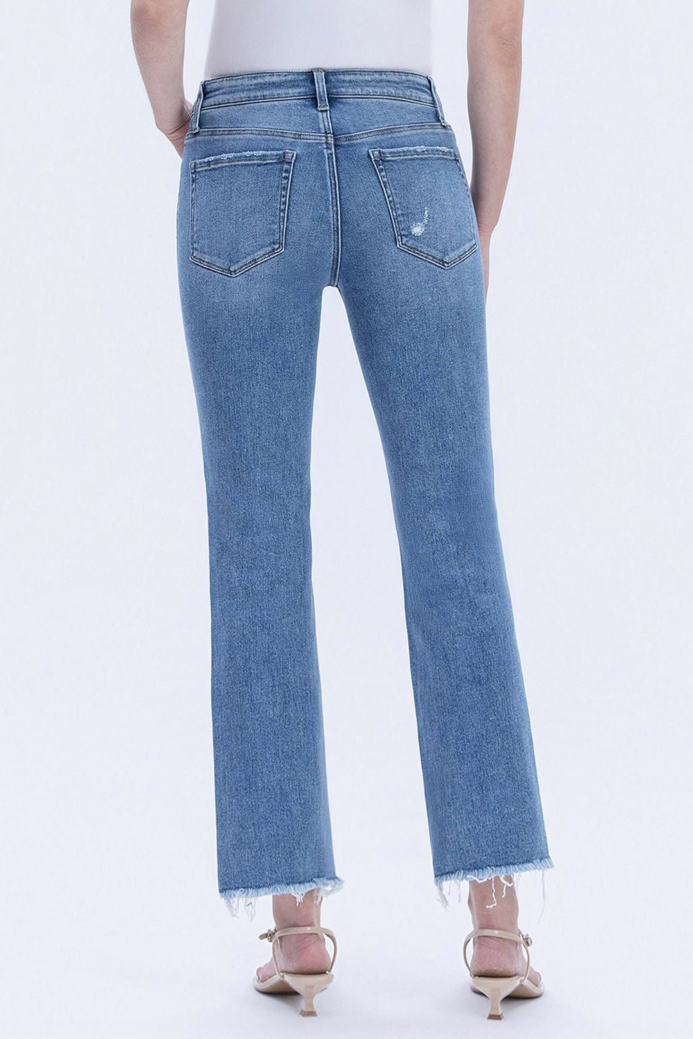 Vervet Mid Rise Medium Wash Raw Hem Crop Straight Jeans - Blush & Cactus