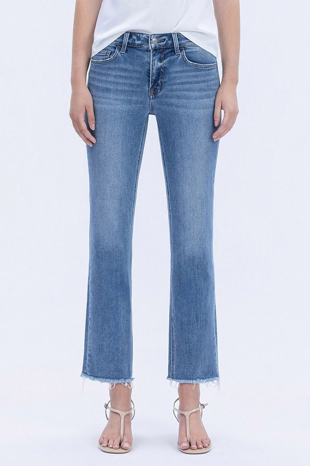 Vervet Mid Rise Medium Wash Raw Hem Crop Straight Jeans - Blush & Cactus