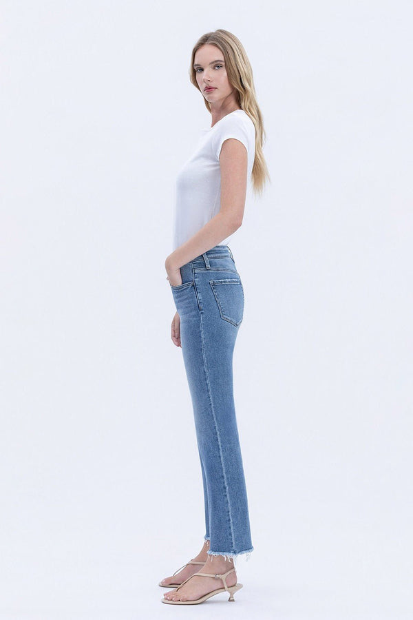 Vervet Mid Rise Medium Wash Raw Hem Crop Straight Jeans - Blush & Cactus