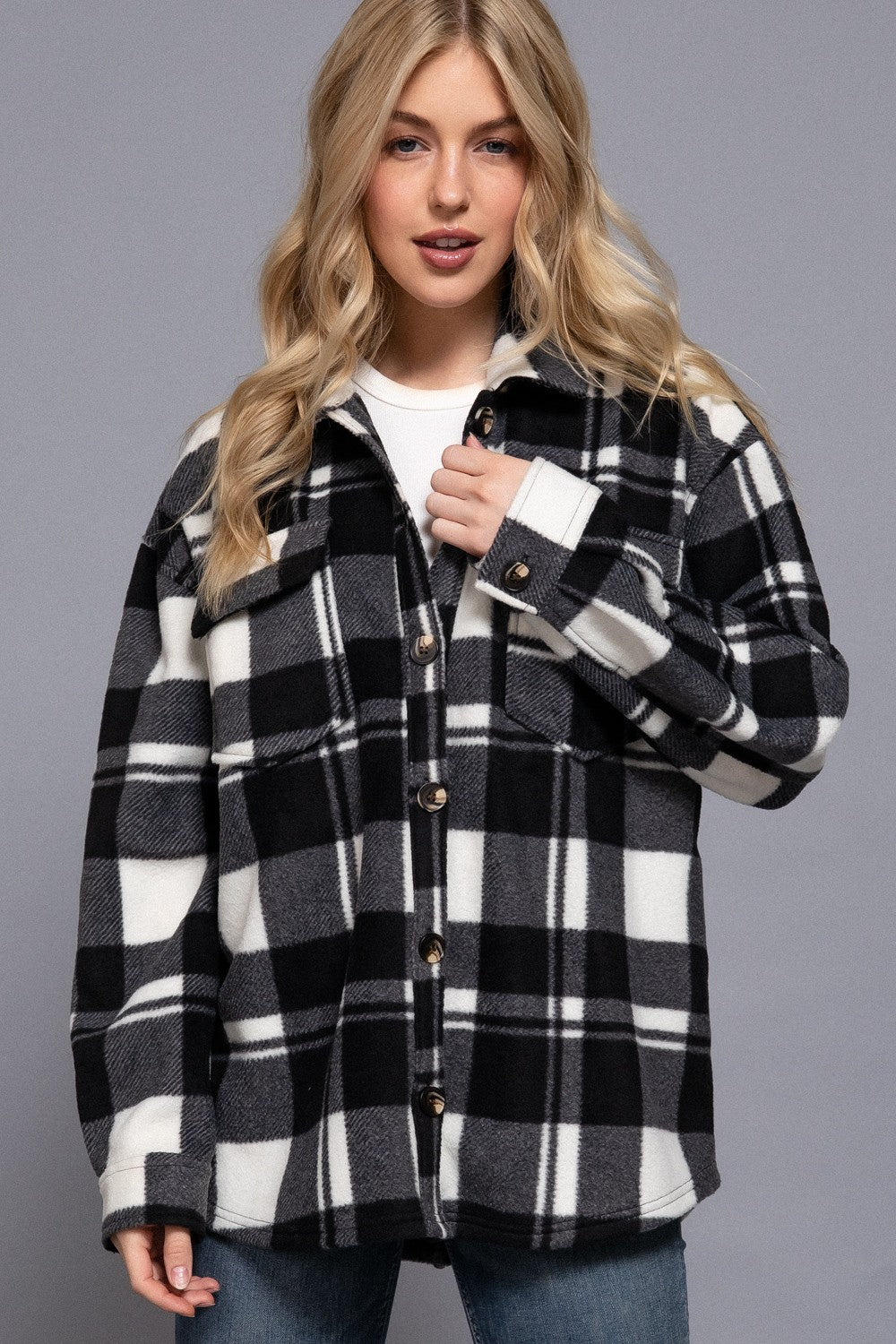 Long Slv Check Printed Fleece Shacket - Blush & Cactus