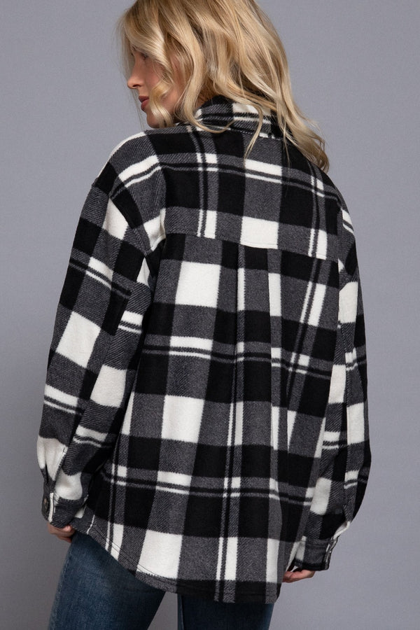 Long Slv Check Printed Fleece Shacket - Blush & Cactus