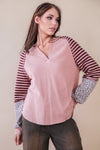 Oversized Floral & Stripe Casual Knit Top - Blush & Cactus