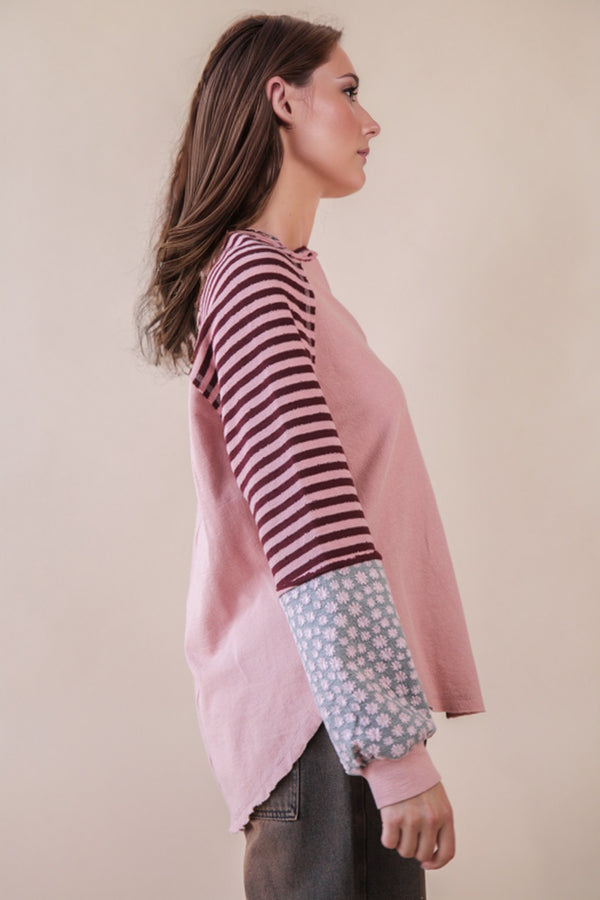 Oversized Floral & Stripe Casual Knit Top - Blush & Cactus