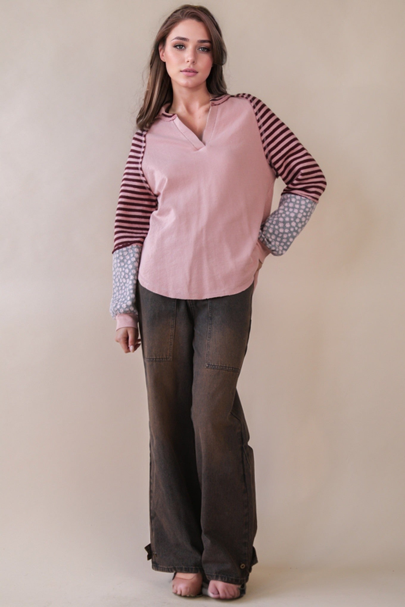 Oversized Floral & Stripe Casual Knit Top - Blush & Cactus