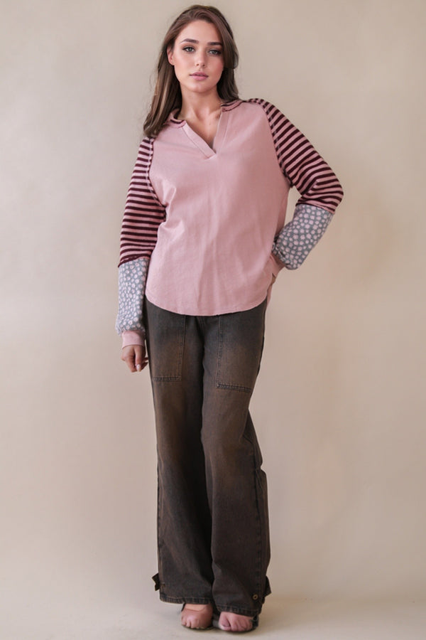 Oversized Floral & Stripe Casual Knit Top - Blush & Cactus