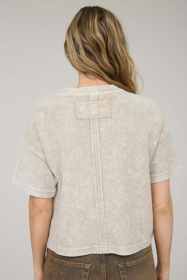 Blu Pepper Washed Ribbed Short Sleeve Tee With Pocket