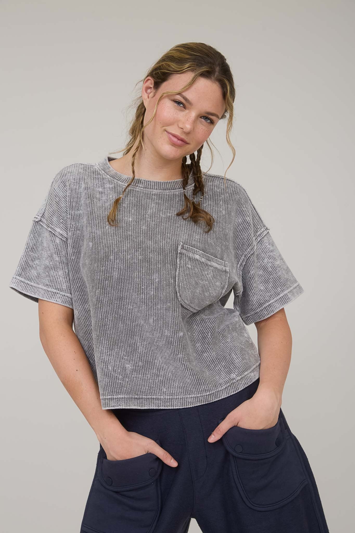 Blu Pepper Washed Ribbed Short Sleeve Tee With Pocket
