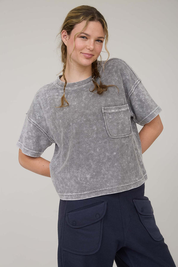 Blu Pepper Washed Ribbed Short Sleeve Tee With Pocket
