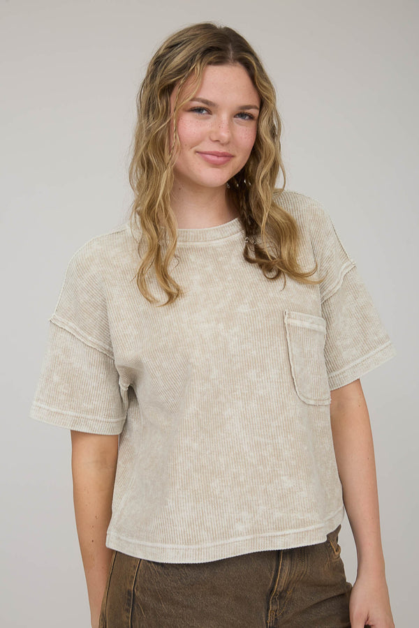 Blu Pepper Washed Ribbed Short Sleeve Tee With Pocket