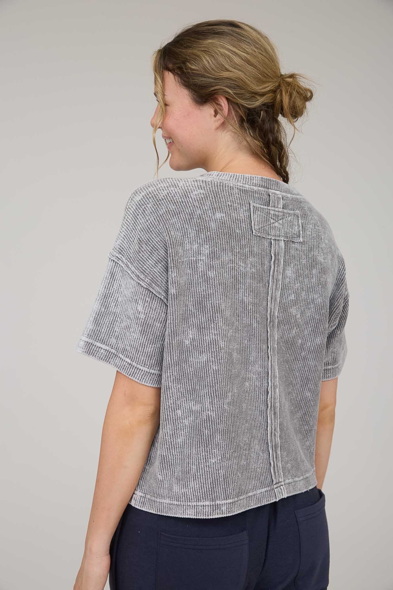 Blu Pepper Washed Ribbed Short Sleeve Tee With Pocket