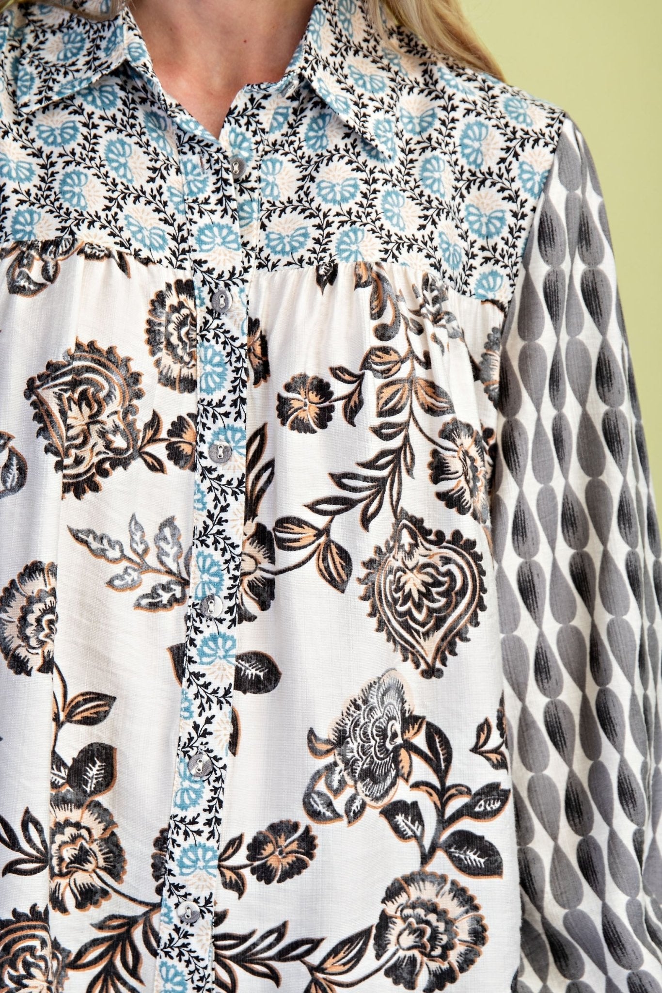 Mixed Print Button Down - Blush & Cactus