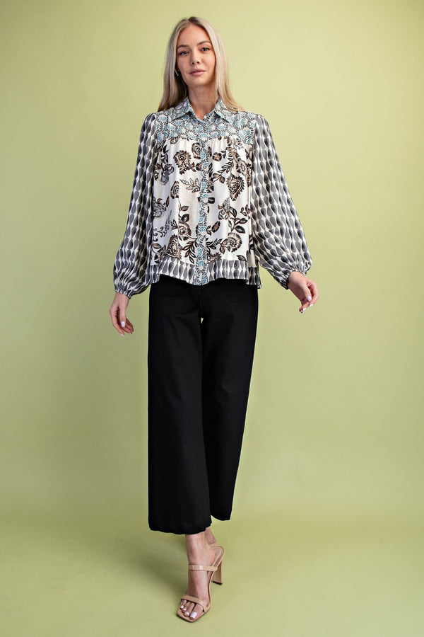 Mixed Print Button Down - Blush & Cactus