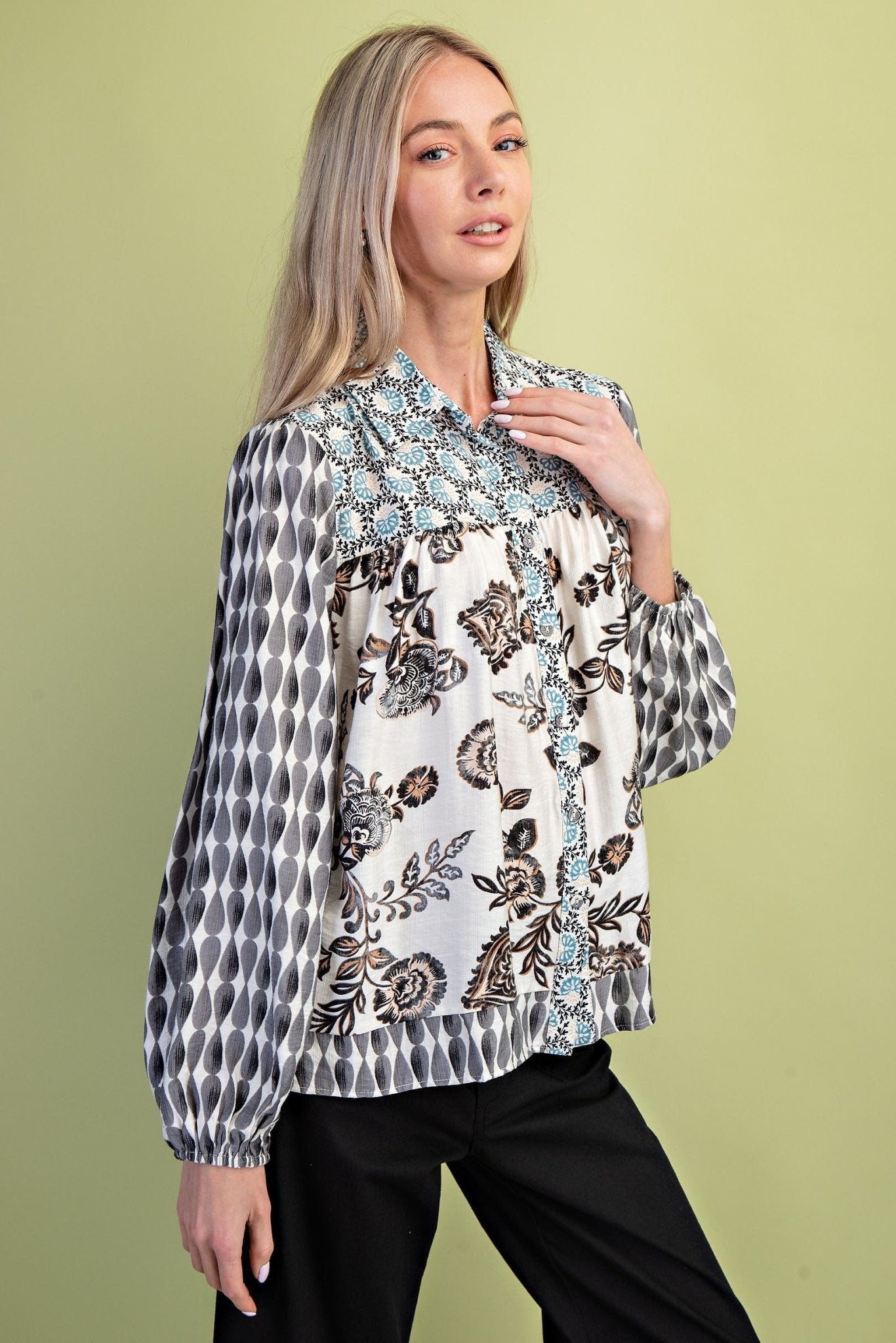 Mixed Print Button Down - Blush & Cactus